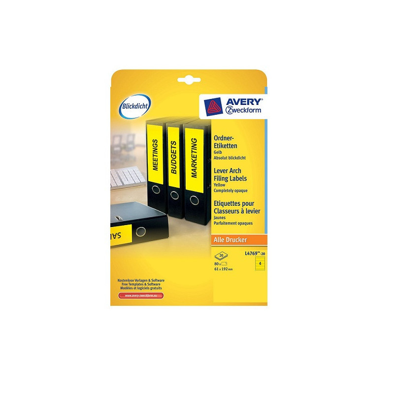 ETIQUETTE AVERY/ZWECK.A4 192X61MM 20FLS DOS JAUNE