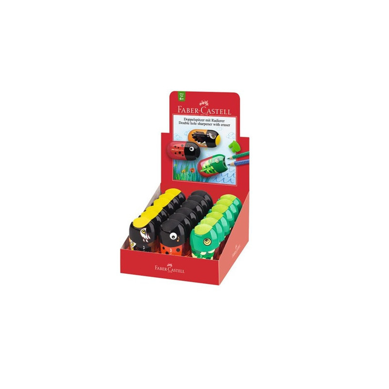 TAILLE-CRAYONS FABER DOUBLE AVEC POT + GOMME ASS.