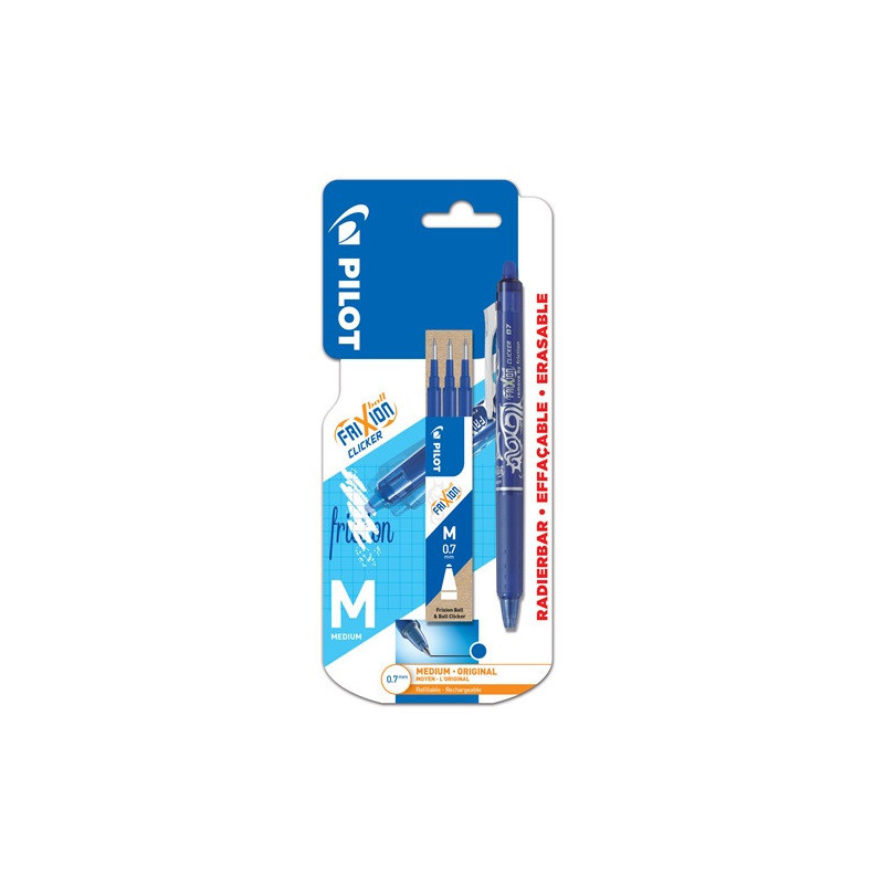 ROLLER PILOT FRIXION BALL CLICKER 0,7 BLEU +3RECHARGES BLISTER