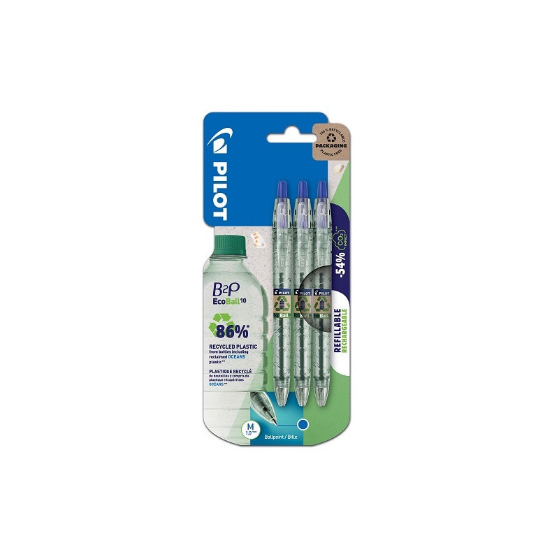 STYLO BILLE PILOT RETR. B2P 1,0 BLEU 3PCS RECYCLE BLISTER