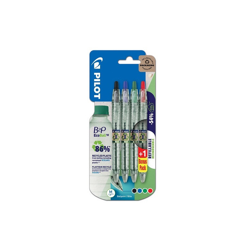 STYLO BILLE PILOT RETR. B2P 1,0 ASS. 3+1PCS RECYCLE BLISTER