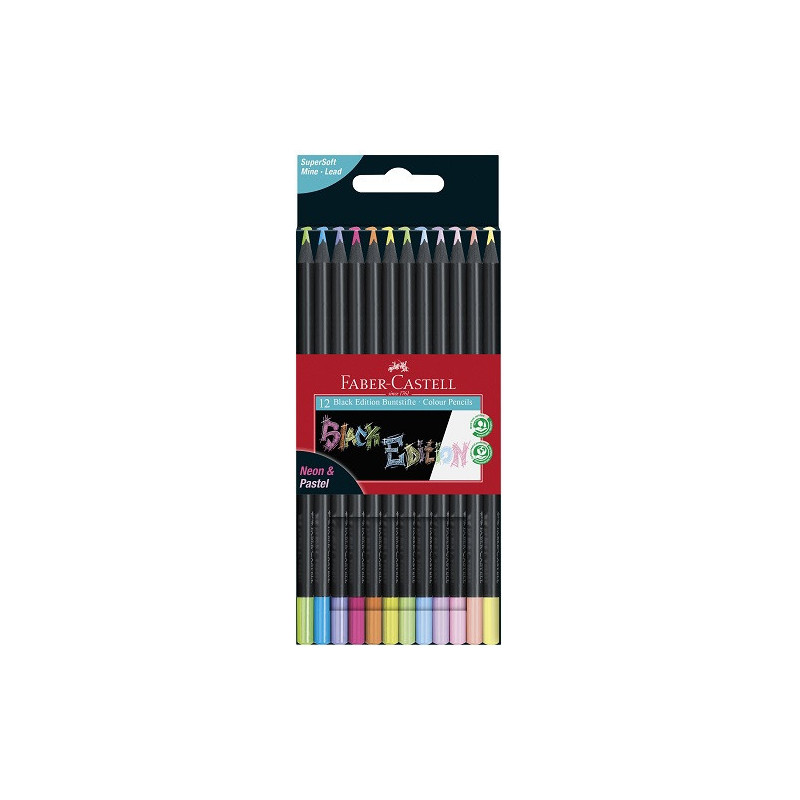 CRAYON COUL. FABER BLACK EDITION 12PCS PASTEL+NEON