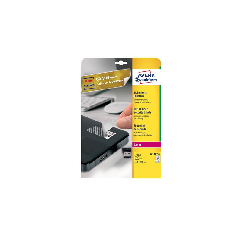 ETIQUETTE AVERY/ZWECK.A4 63,5X29,6MM 20FLS ETIQ.DE SECURITE
