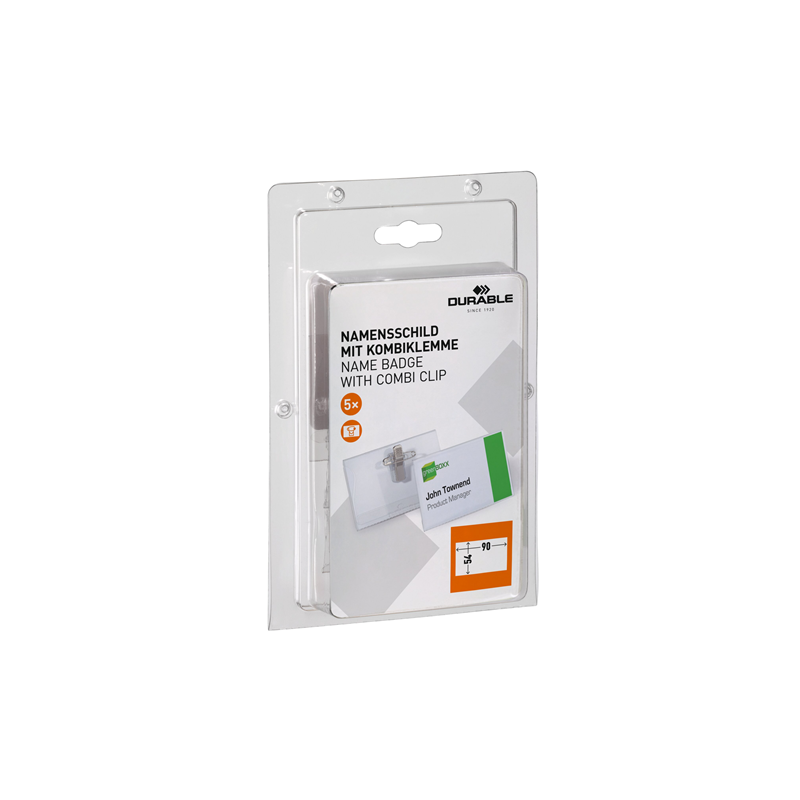 BADGE DURABLE 54X90MM AVEC CLIP+EPINGLE 5PCS
