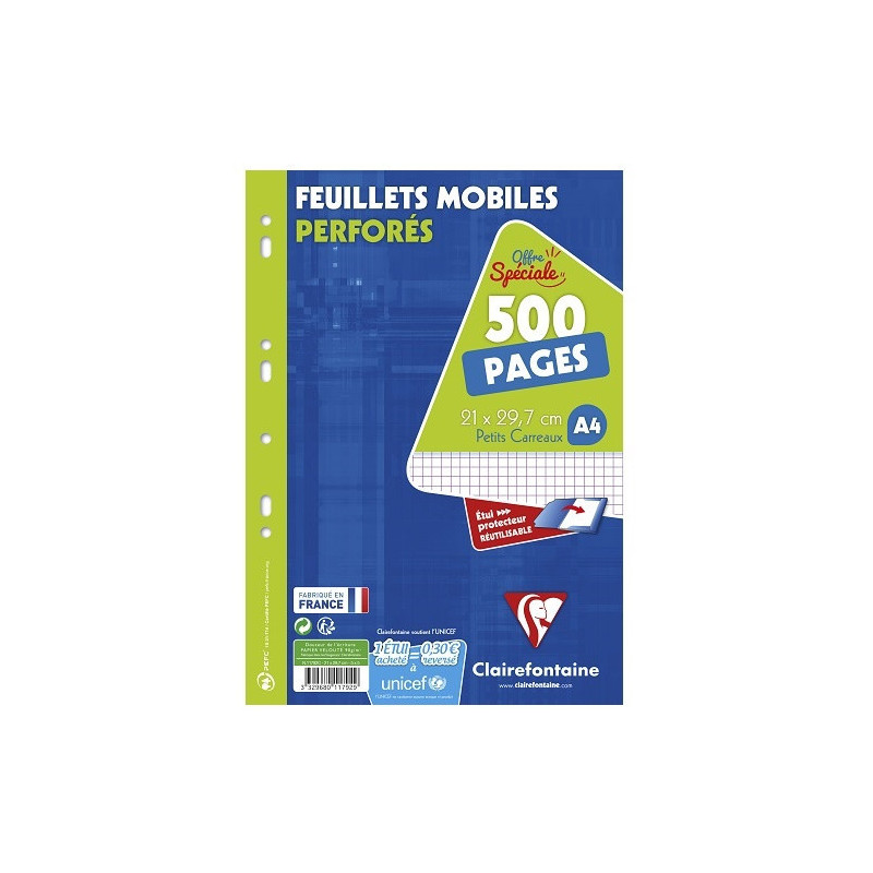 FEUILLES MOBILES CLAIREF. A4 QUAD. 250FLS