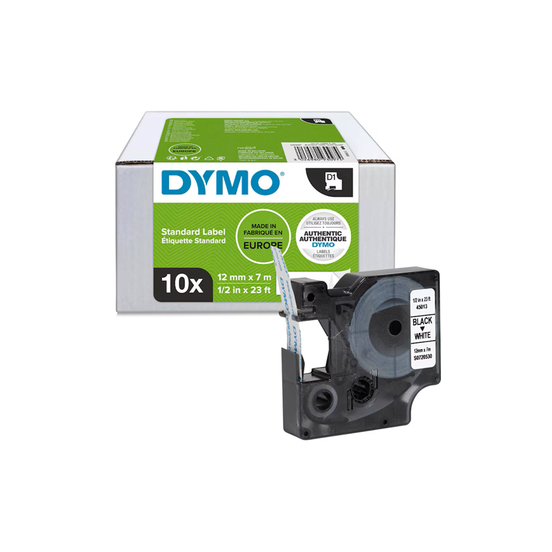 DYMO RUBAN D1 12MMX7M NOIR/BLANC 10PCS