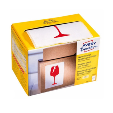ETIQUETTE AVERY/ZWECK. 100X74MM 200PCS ROUGE SYMBOLE "FRAGILE"